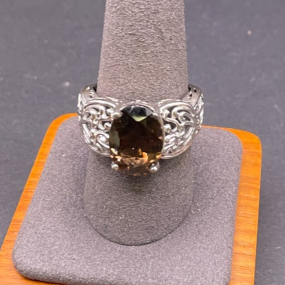 Vtg BBJ Smoky Quartz Gemstone 925 Sterling Silver Ring Oval Cut Filigree Sz 9.75